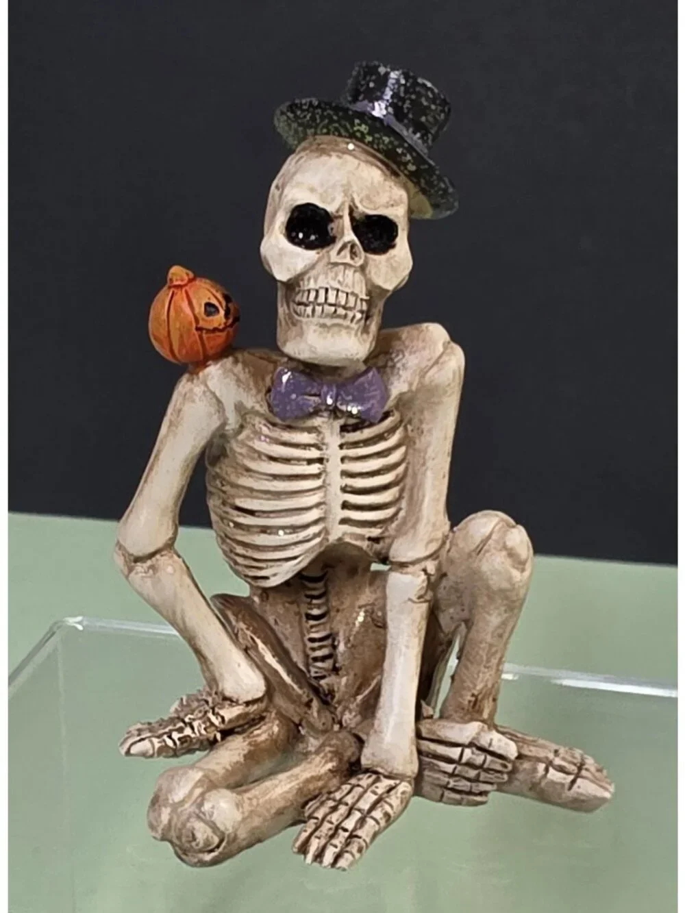 Halloween Skeleton Figurines Set of 2 Top Hat Pumpkin Bat Resin Decor